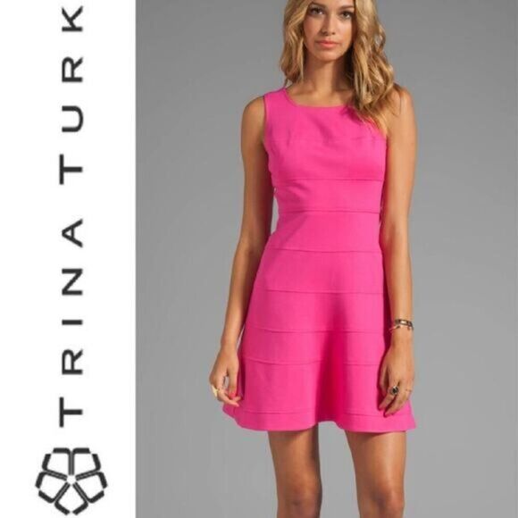 Trina Turk Tropical Nikola Stretch Fit & Flare Dress in Barbie Pink Size 4 - Picture 1 of 15
